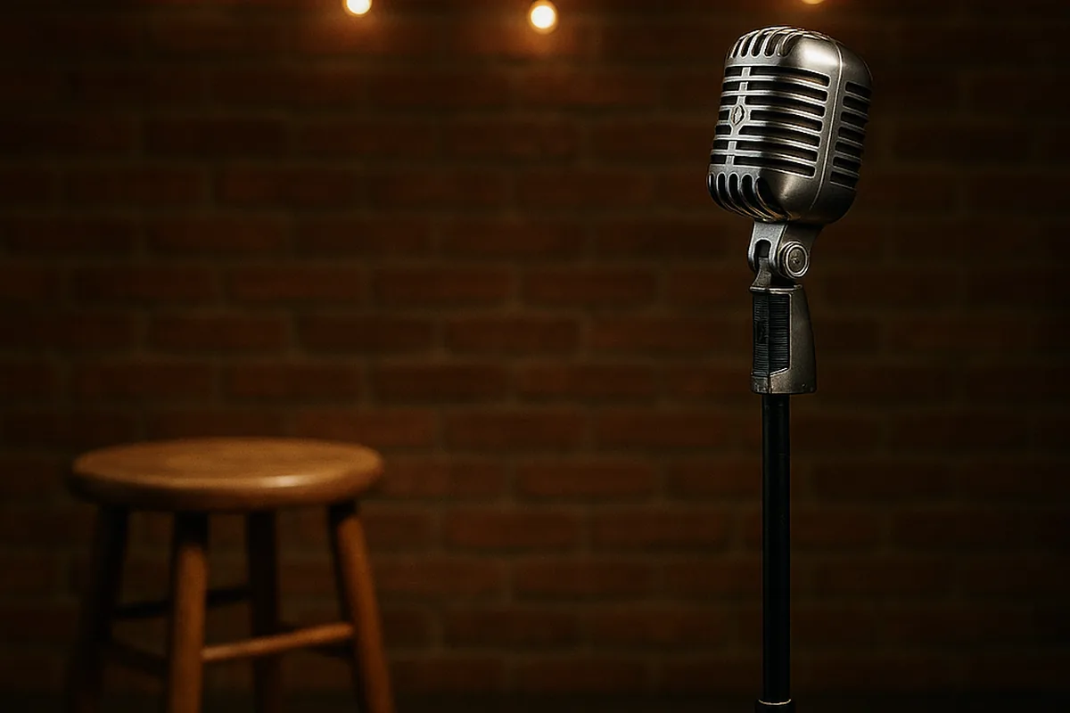 Μικρόφωνο και ξύλινο σκαμπό σε σκηνή για stand up comedy